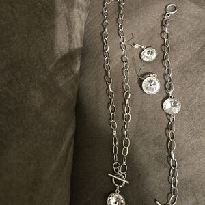 Paparazzi white rhinestone silver link necklace, bracelet, and earrings set